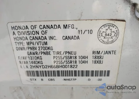 2011 Acura Mdx Technology Package z USA, uszkodzony, nr VIN 2HNYD2H66BH001822